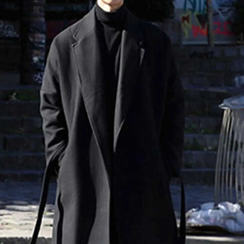Korean Mens Overcoat Loose Autumn Winter Belt Windbreaker Wool Blend Mid-length Long Sleeve Woolen Coat LX241010