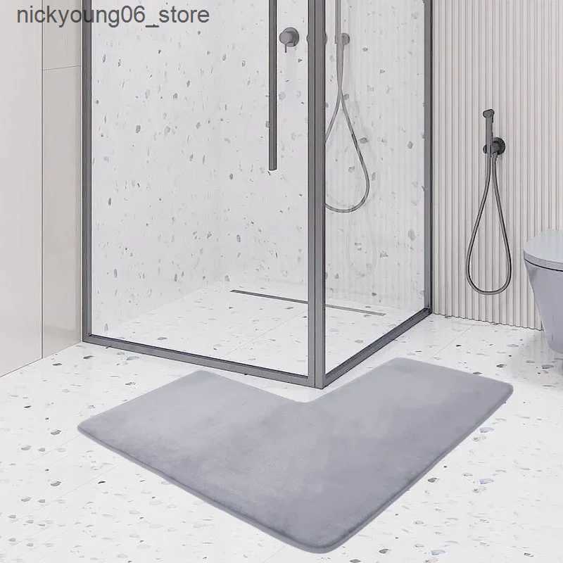 Non-Slip Bath Mats 1PC Solid Color Coral Fleece L-Shaped Bathroom Corner Mat Non-slip Entry Doorway Floor Rug Water Absorbent Kitchen Floor Carpet L24
