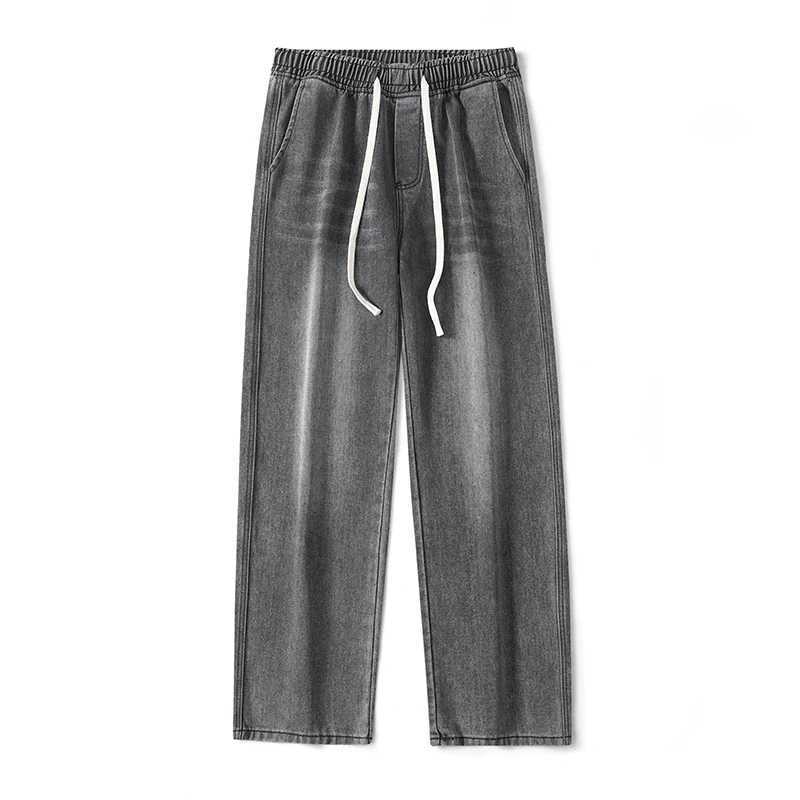 Spring and Autumn New Mens Jeans Hong Kong Style High Street Wide Leg Pants Washed Drawstring Rubber Band Pants TrendX241009