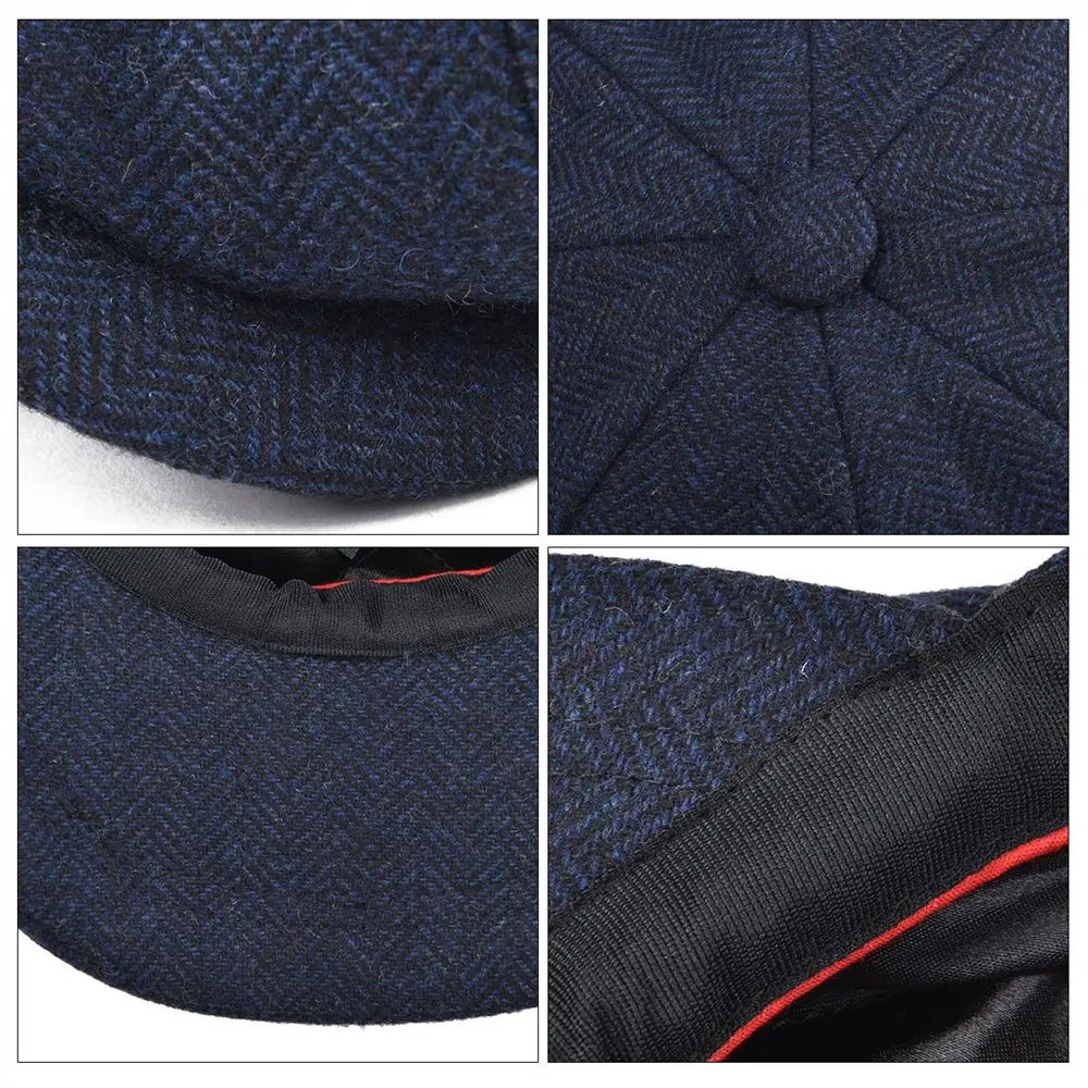BOTVELA Wool Coarse tweed Navy Blue Herringbone s Boys Hat Mens 8th Quarter Panel Kirby Flat Womens Driver Beret 241009