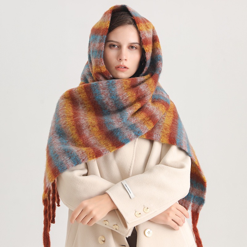 Coarse Striped Scarf Imitating Cashmere Winter New Warm Long Tassel Scarf for Men and Women Student Shawl