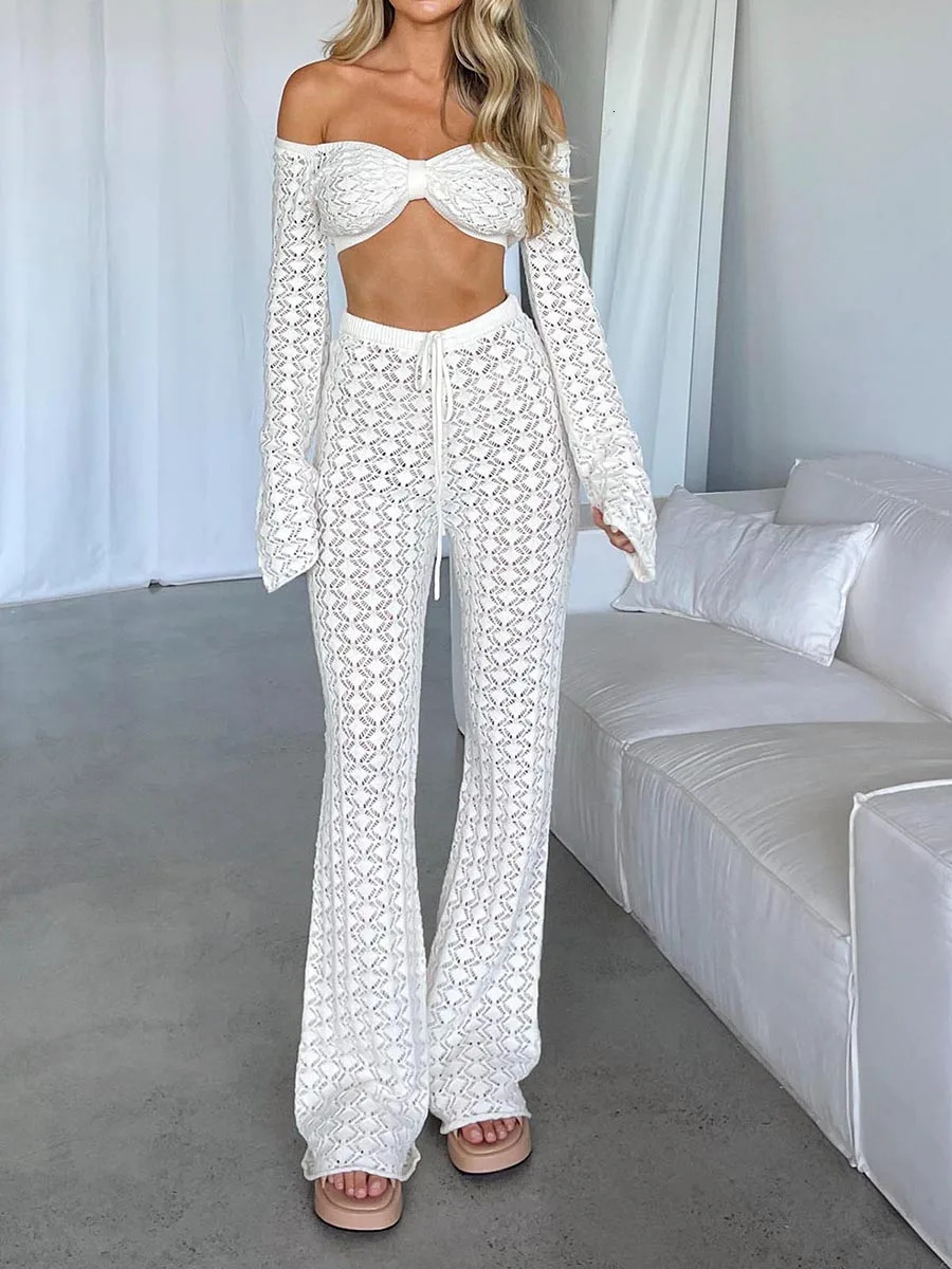 WSEVYPO hollow crochet knitted pants set for womens casual twopiece clothing see through long sleeved crop tophigh waisted 241007