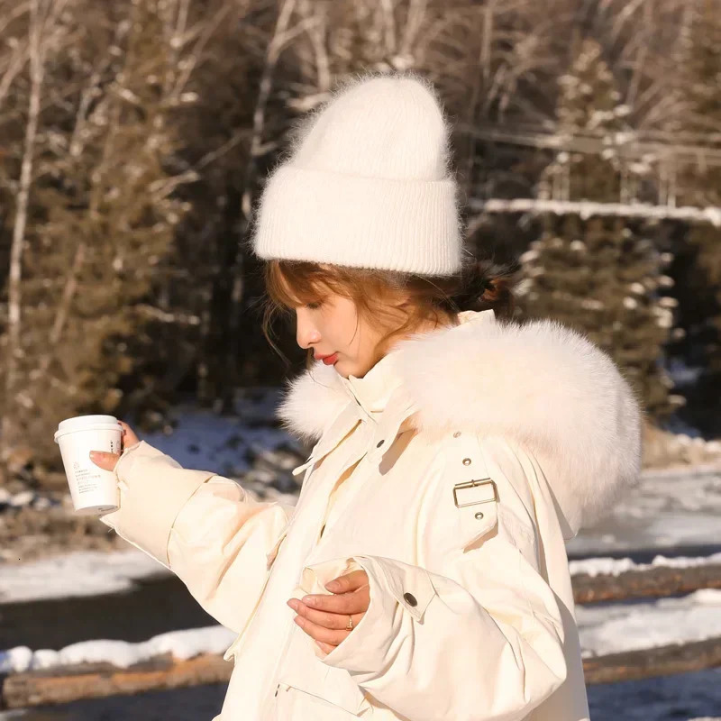 Winter Knitted Beanies Fashion Warm Cashmere Wool Skullies Angola Rabbit Fur Women Cap Female Three Fold Ski Outdoor Hats 241007
