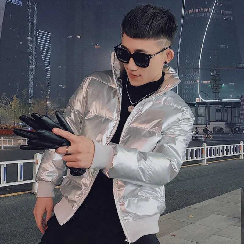 Men's Down Parkas Spring and winter mens park windproof fashionable hot coat mens thick warm glossy jacket black silver jacket mens clothing Y241