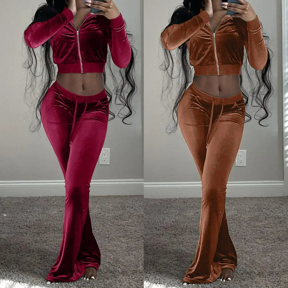 Exposed Navel Sportswear Solid Color Zipper Closed Sweatshirt Flash Pants Set Gym Clothing 241007