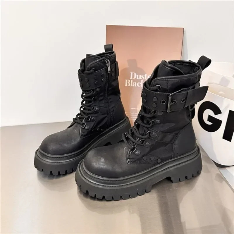 Buckled platform combat boots womens short and chubby high heels lace ankle boots womens side zippers PU leather short boots 241007