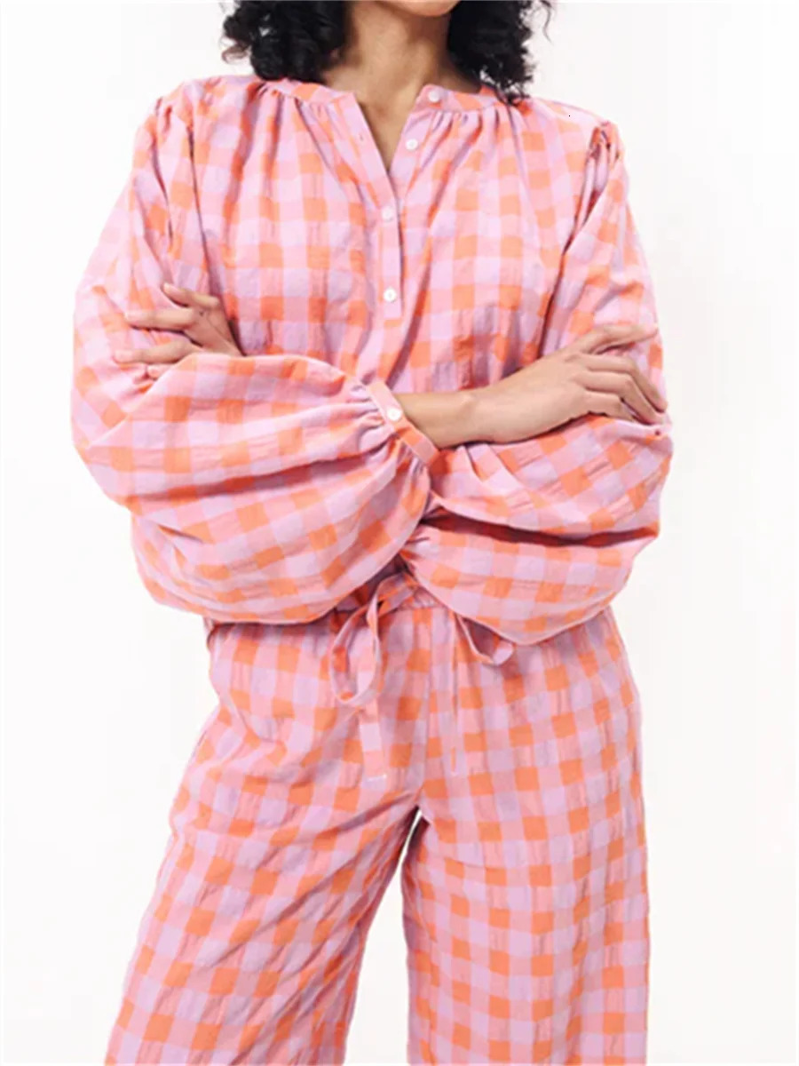 Womens Red Checkered Lounge Set Round Neck Long Sleeve Top Elastic Waist Pants 2piece Harajuku Autumn Pajama 241008