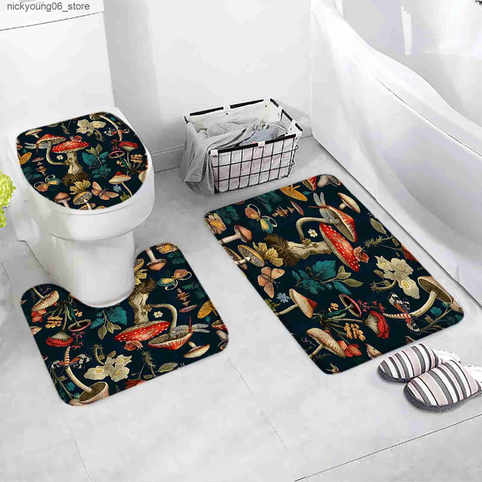Non-Slip Bath Mats Vintage Mushroom Bath Mat Set White Daisy Floral Dragonfly Snail Green Leaves Plant Black Carpet Bathroom Decor Rug Toilet Cover L2