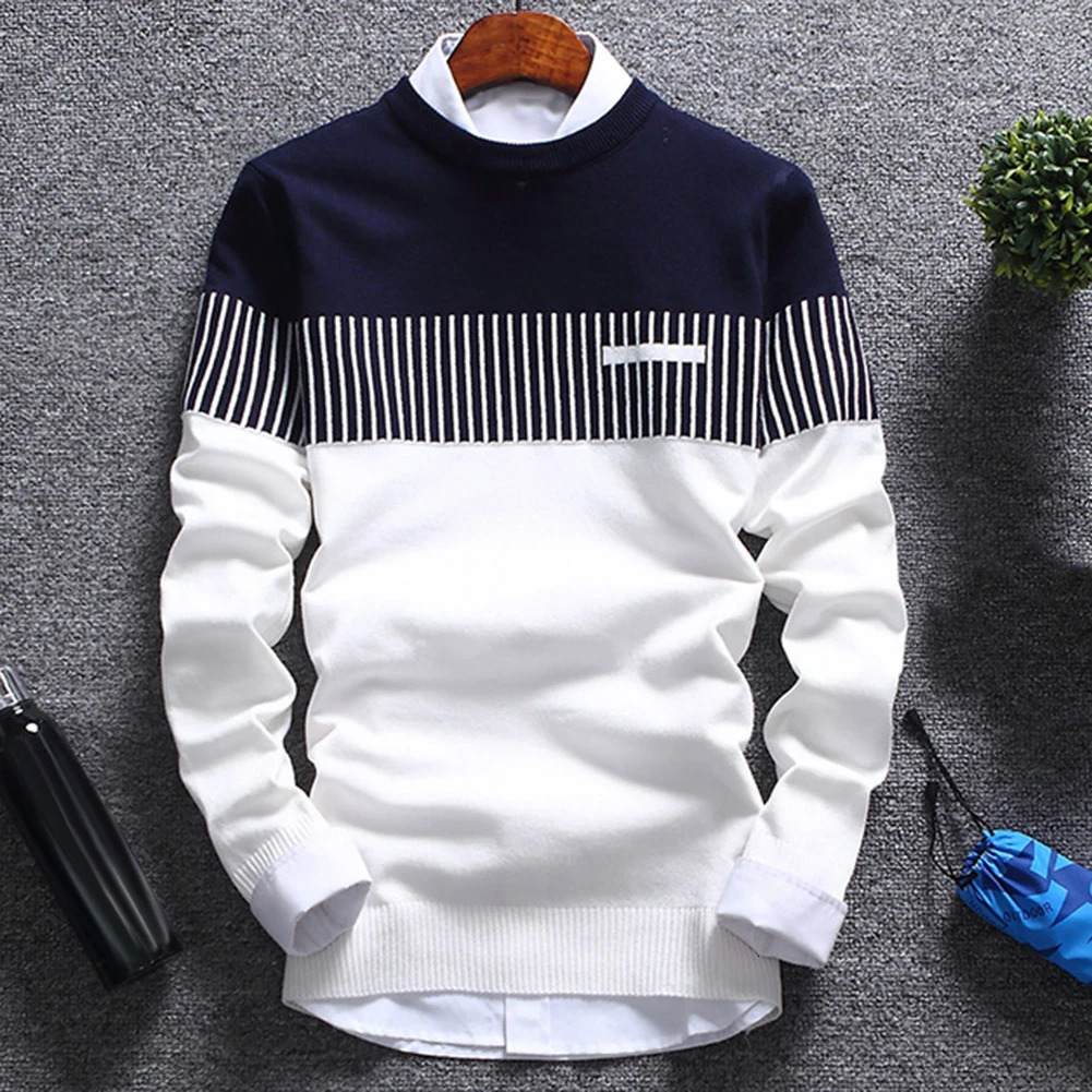 Fashion Men striped Sweater pullover Color Block Patchwork O Neck Long Sleeve Knitted Top Blouse For Warm Mens Clothing 240930
