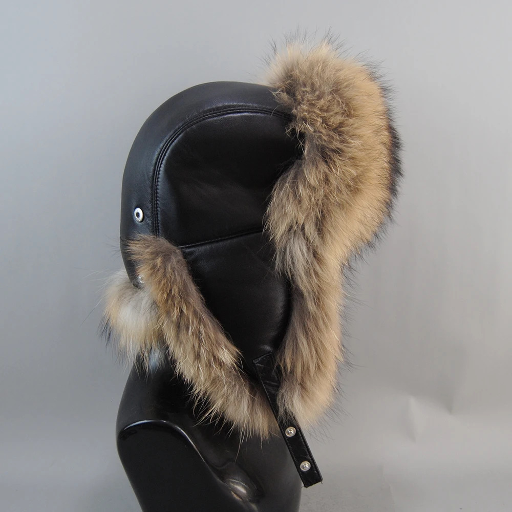 Mens Outdoor Windproof Winter Natural Genuine Fox Fur Bomber Hat High Quality Raccoon y Sheepskin Leather 241009