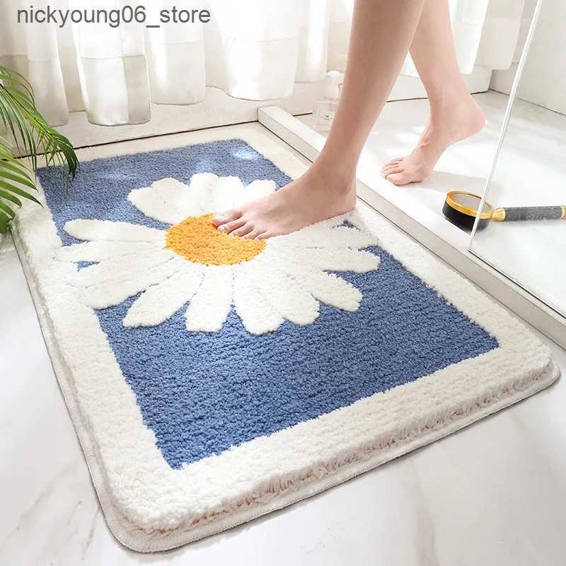 Non-Slip Bath Mats 40*60cm Bath Mat Cute Blue Daisy Slip-resistant Rug Bath Absorbent Entrance Bathroom carpet Toilet Floor Bath Shower Foot Mat L2409