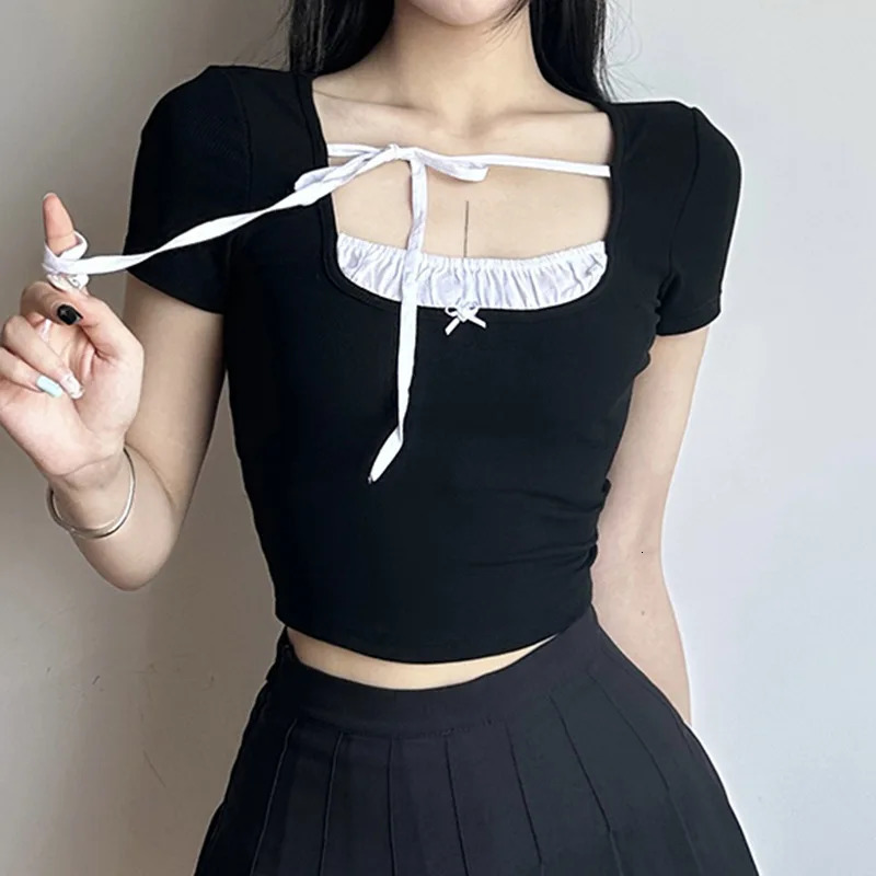 Y2K Soft Style Color-block Ruched Short Sleeve T Shirt 2024 Slim Bow-tie Cropped Top for Women 241010