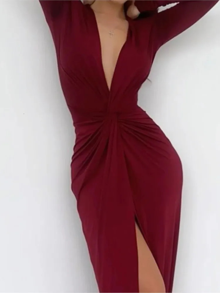 Women Maxi Dress Autumn 2023 Fashion Sexy Slit V Neck Long Sleeve Solid Slim Pleated Evening Party Prom Dresses 241009