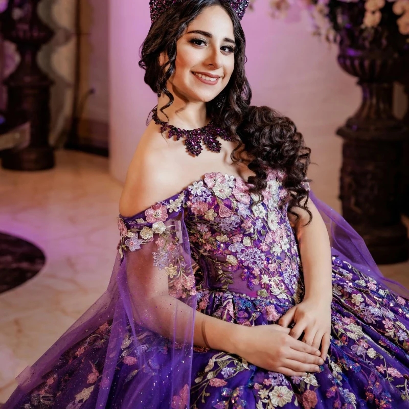 Purple Shiny Off the Shoulder Ball Gown Quinceanera Dresses With Cape Beading Appliques Lace Tull Corset Vestidos De 15 Anos Sweet 16 Dress