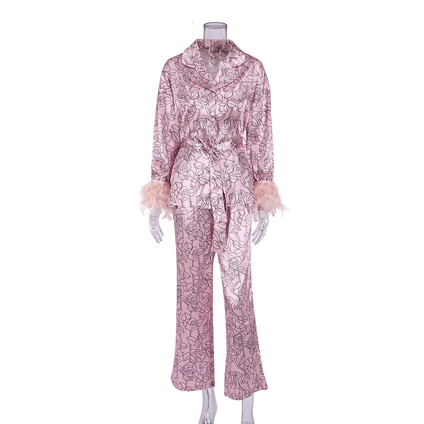 Wers Print Feather Sleeves Sleepwear Abstract Pattern Loungewear Women Pama 2022 Fashion Women's Clothing Sets Suit