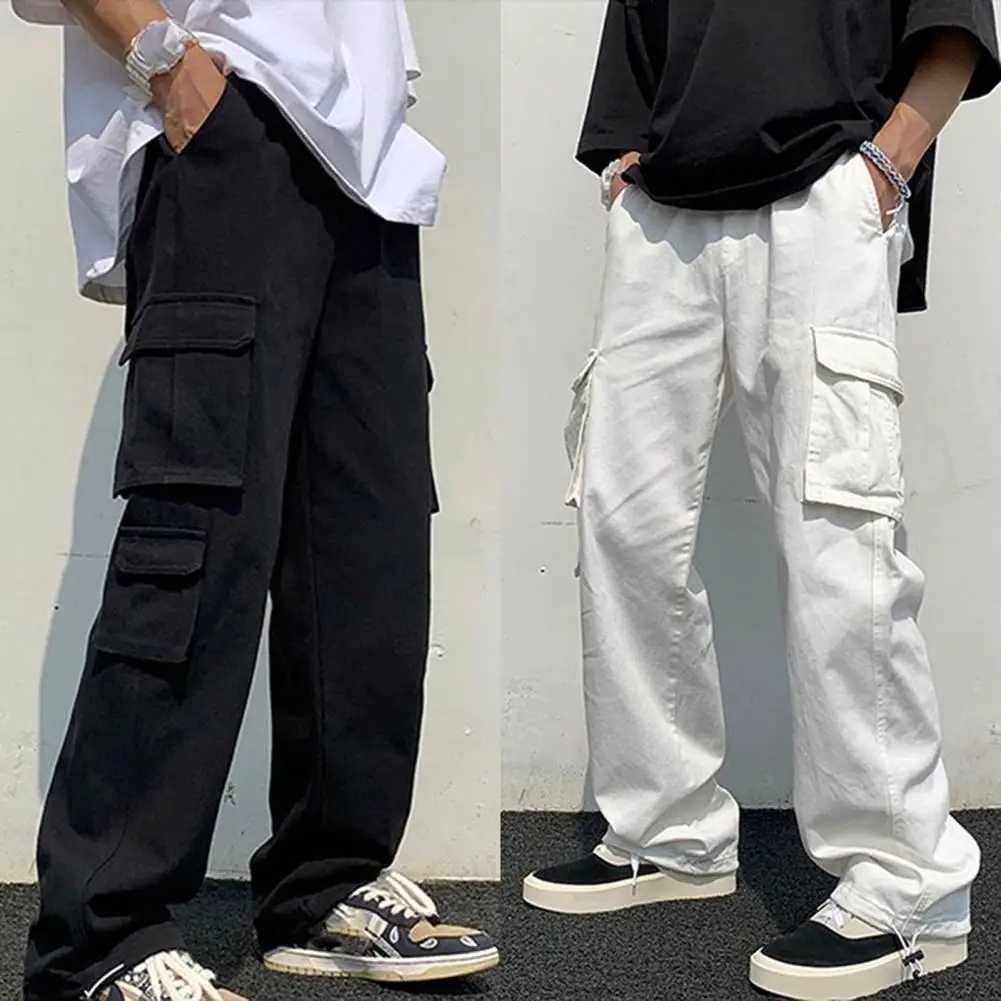 Mens cargo pants straight pants with multiple pockets solid color brushed elastic waist work and leisure pants W241009