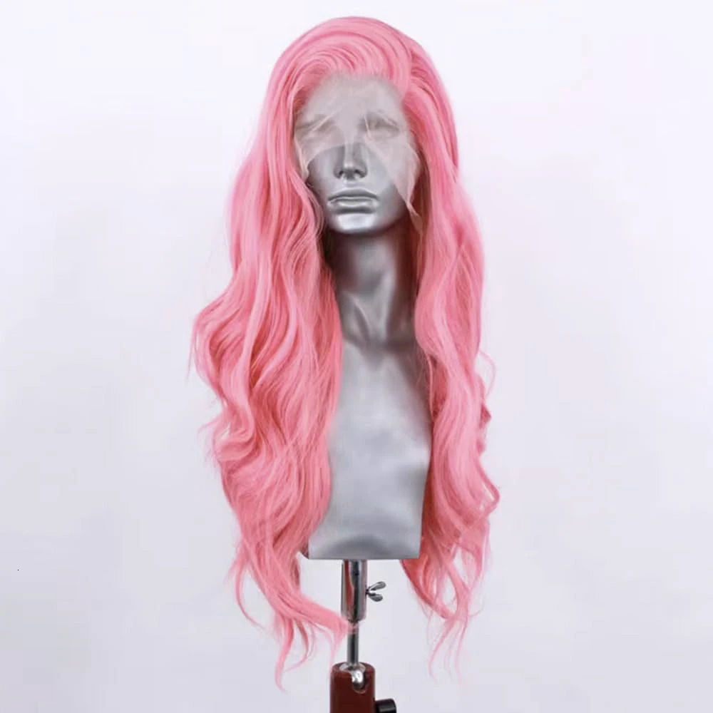 Synthetic front lace wig body wave lace wig womens pink wig heat-resistant long wave wig pink color daily use role-playing 241007