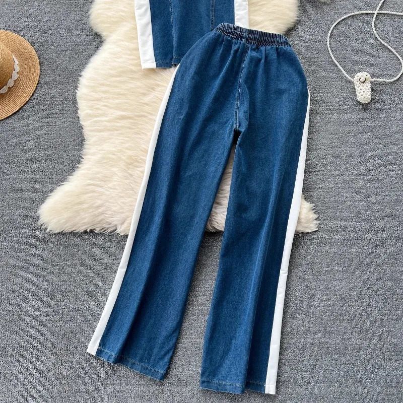 Neploe Simple Fashion Short Sleeve Spliced Denim Top WomensHigh Waist Wide Leg Pants Summer Two Piece Set 241008