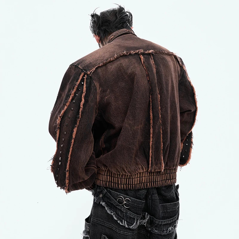LUZHEN rivet metal decoration burr patch work n denim jacket personalized fashion street mens wear LZ4729 241007