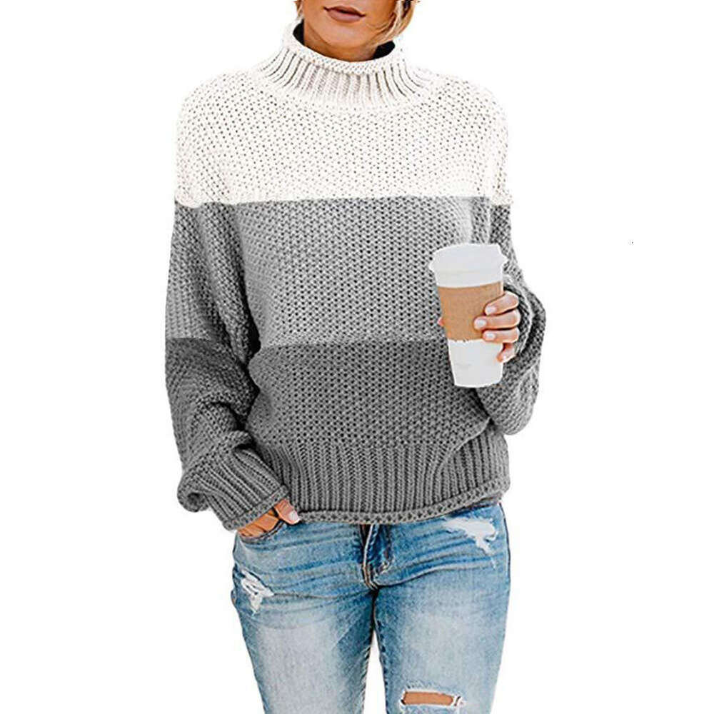 2024 autumn and winter new knitted sweater womens thick thread color blocked high neck pullover