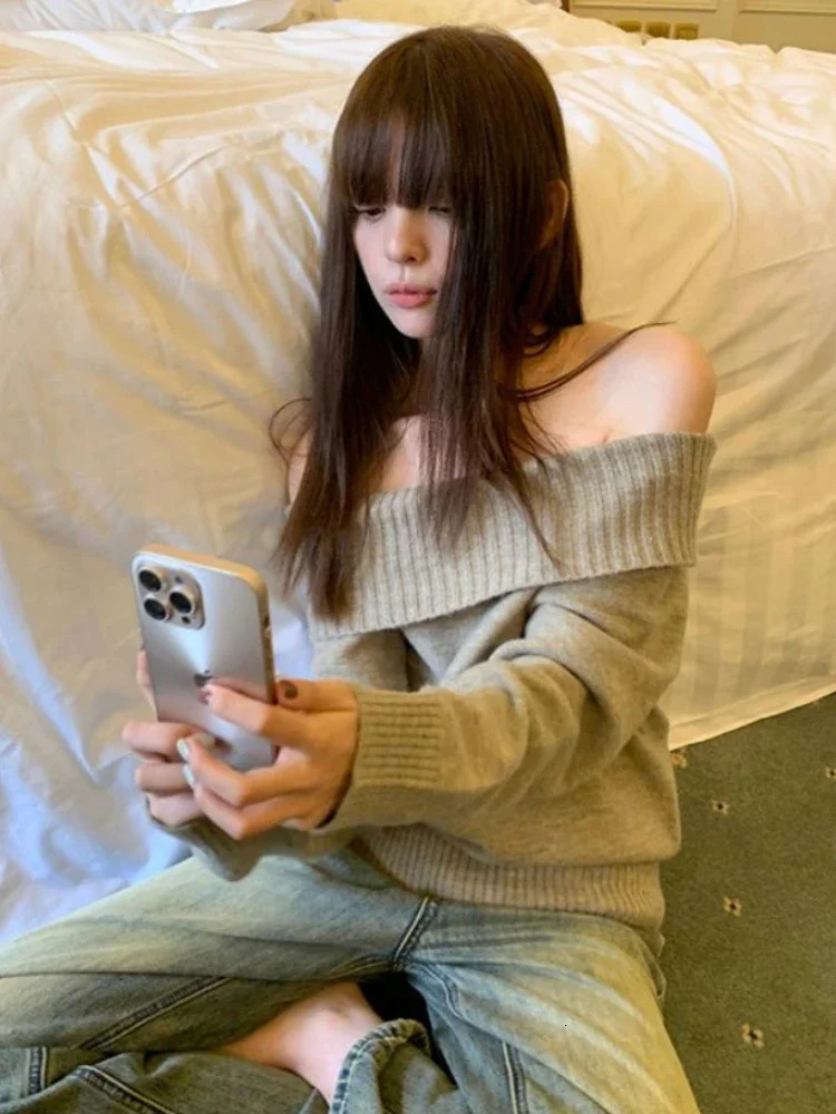 Deeptown Y2K Retro Shoulder Knitted Sweater Harajuku Womens Grunge Oversized Parachute Korean Coquette Slant Neck Pullover Top 241007