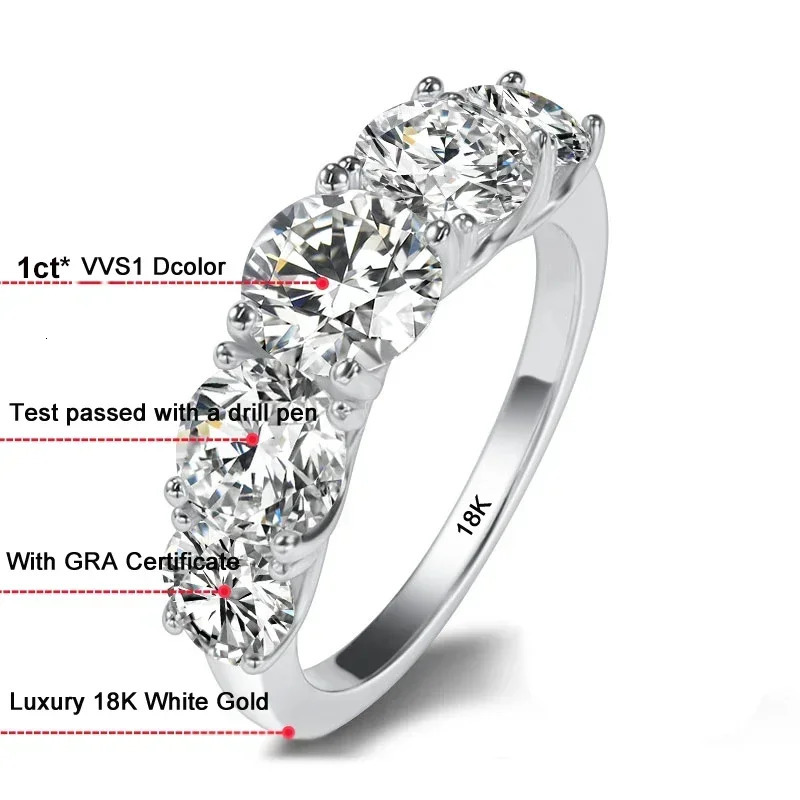 Super 18K white gold ring set with 5 sparkling diamonds all 5 carats VVS1 D silica womens wedding ring 240929