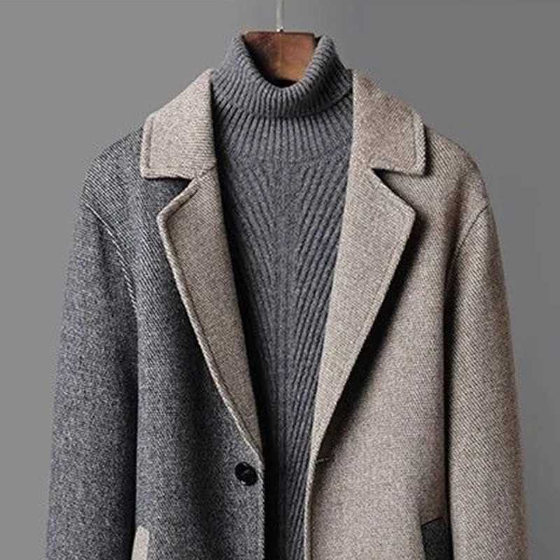 Korean Trench Coat Autumn Winter Men Mid-length Woolen Coat Youth Japan Loose Windbreaker Suit Collar Color Match Jacket Urban LX241010