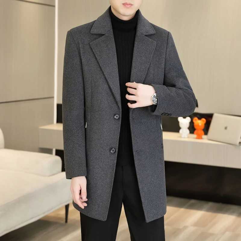 Korean Fashion Woolen Coat Men 2023 Winter Solid Color Long Casual Business Trench Coat Slim Fit Windproof Office Social Jacket LX241010