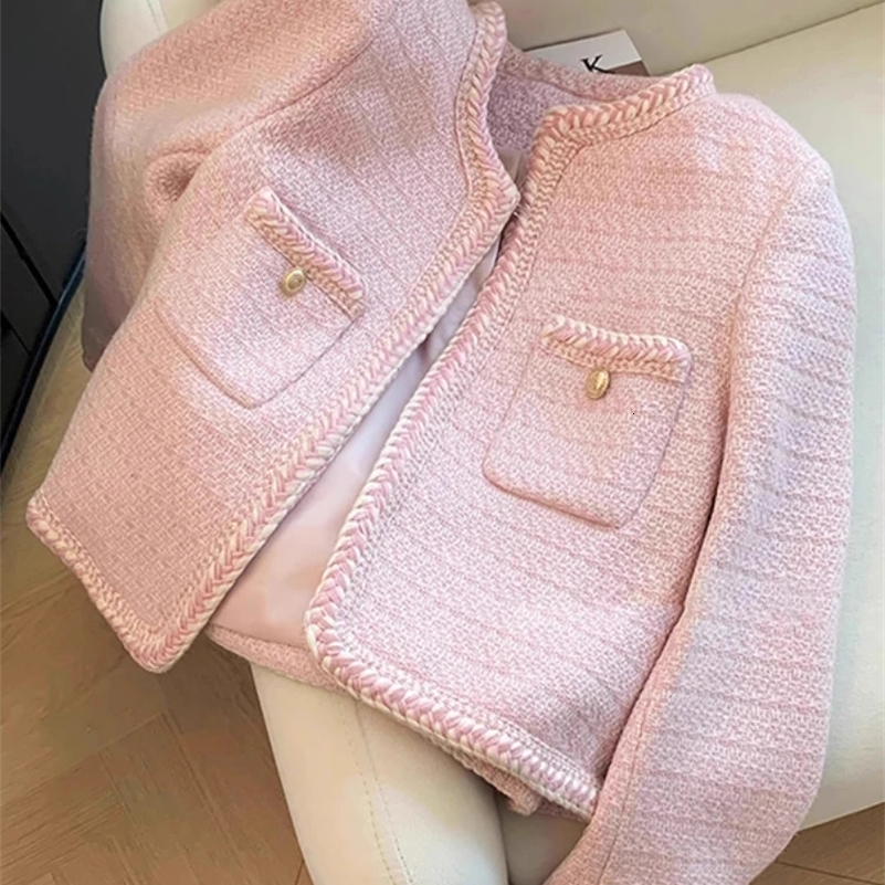 Single Breasted Elegant Cropped Coat Korean Fashion O-Neck Short Outerwear Autumn and Winter Pink Sweet Tweed Jacket Women 241010