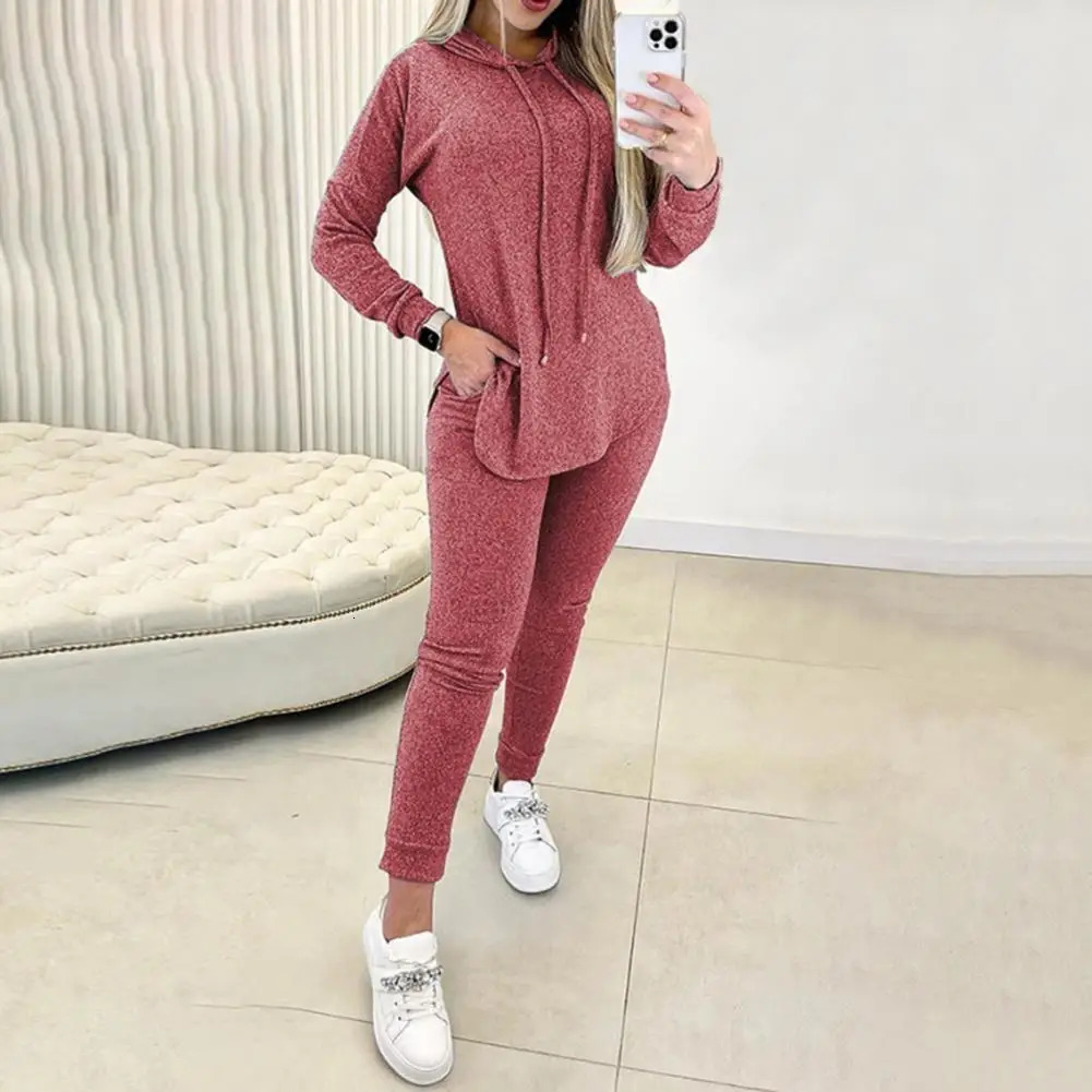 Womens loose fitting set fashionable womens hooded sweatshirt high waisted pants comfortable and casual spring 241007