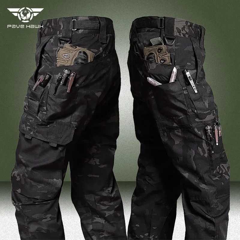 Black camouflage cargo pants outdoor multi pocket tear resistant and waterproof mens autumn wear-resistant training fishing work pants W241009