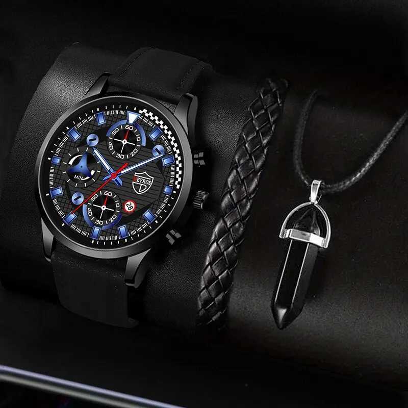 3PCS Set Fashion Mens Sports Bracelet Necklace Watches For Men Business Quartz Wrist Watch Classic Male Casual Leather WatchX241010