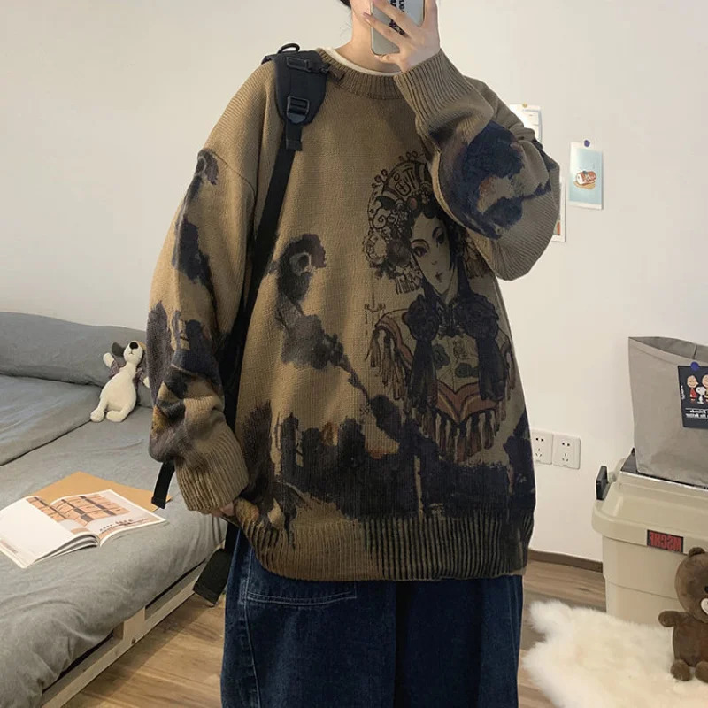 2023 Spring and Autumn Chinese Style Thread Round Neck Printed Loose Casual Versatile Fashion Mens Knitted Pullover Sweater 240930
