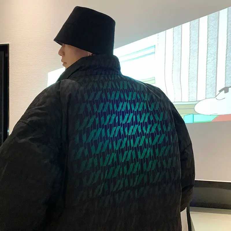 Men's Down Parkas American standing collar reflective design cotton suit mens fashion tool cotton jacket hip-hop high neck winter jacket Y2410097