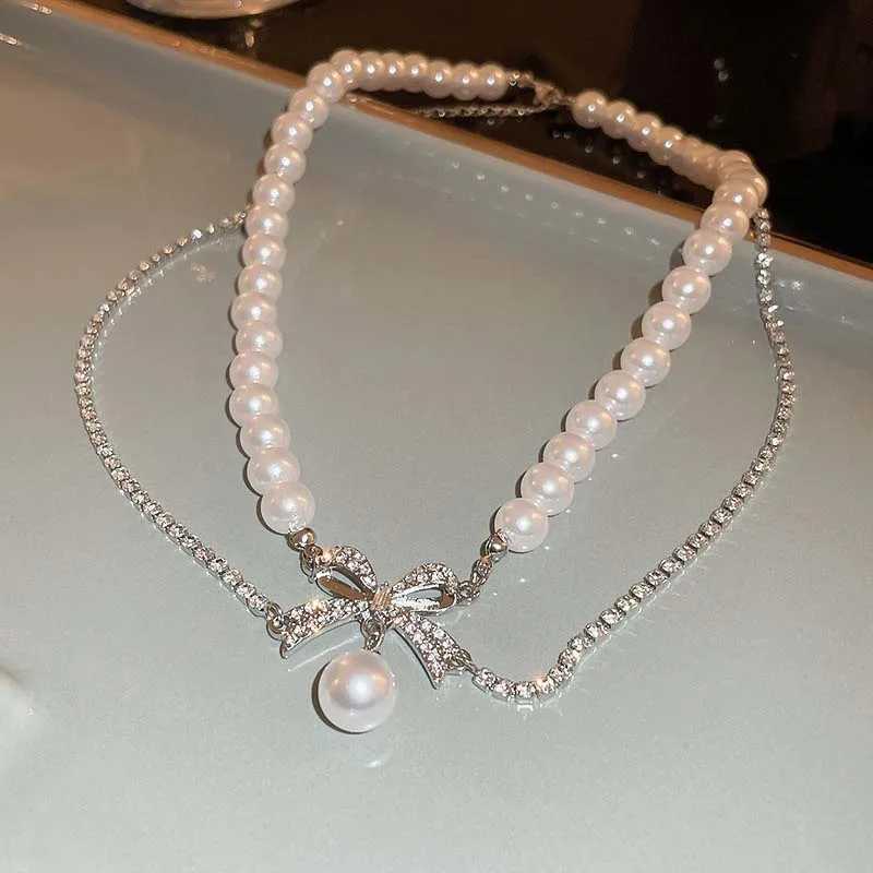 New Fashion Zircon Bowknot Pearl Necklace for Women Shiny Rhinestone Double Layer Chain Necklace Wedding Party Jewelry GiftX241009
