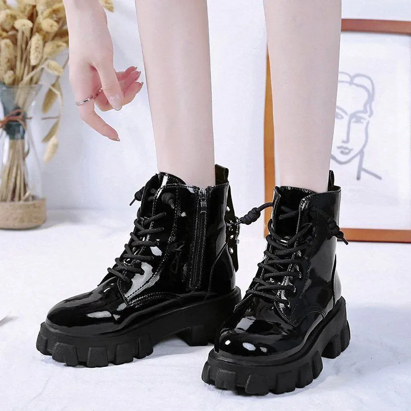 Round Toe Med Heel Boots Women Shoes Autumn Boots-Women Booties Ladies Lace Up Designer Lolita Black 2020 Rubber Flat