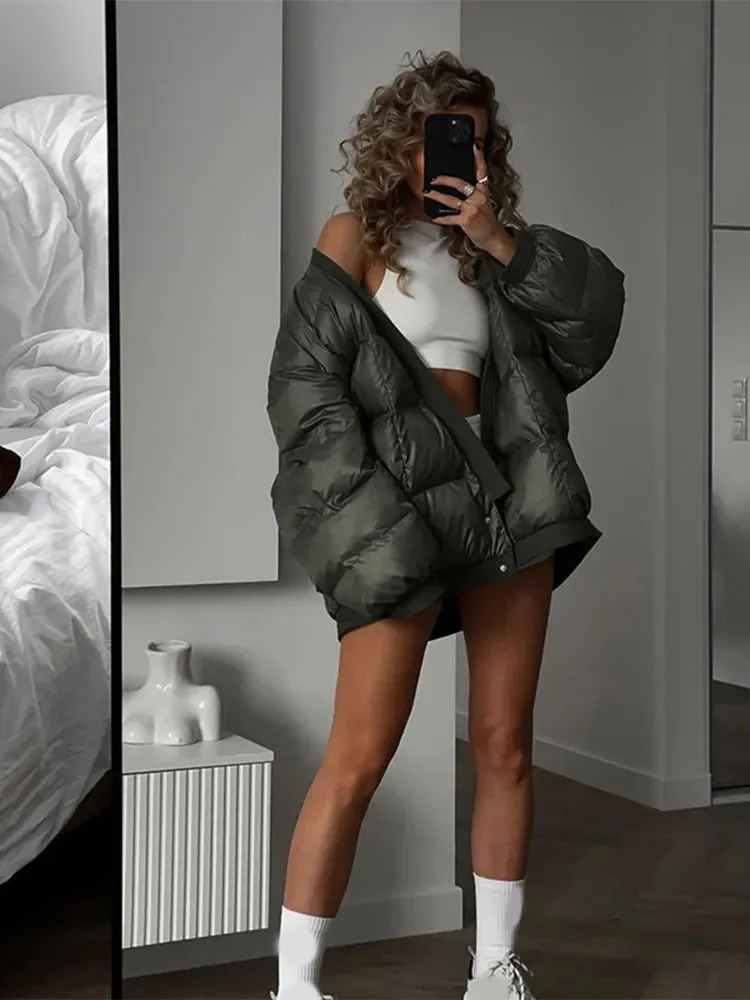 Women Winter Warm Solid Short Down Coat Fashion Two Buttons Long Sleeves Pockets Crop Outwear Chic Lady Commute Street Outerwear 240930