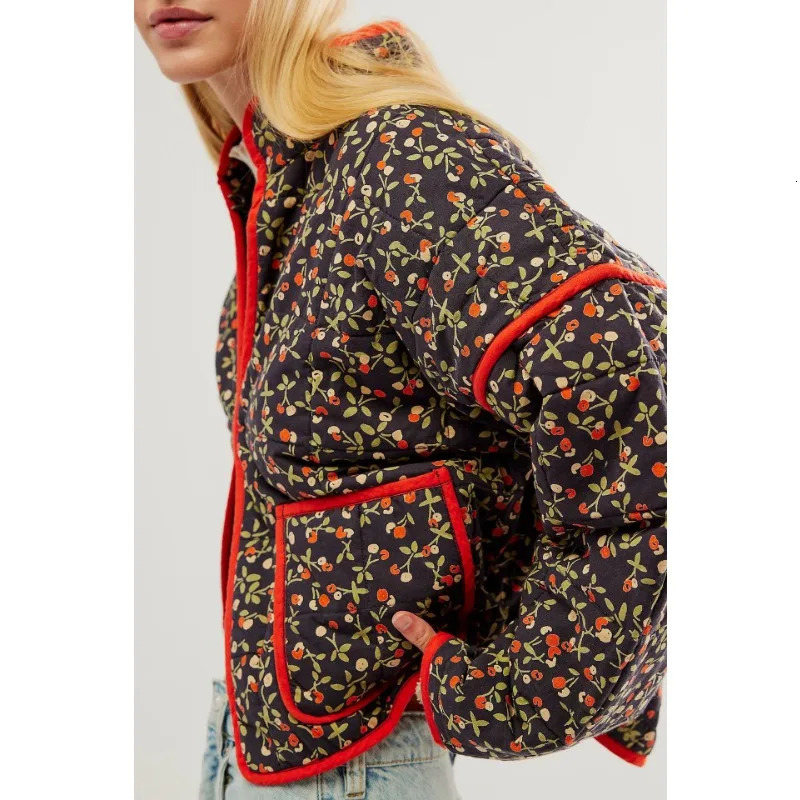 Chic Vintage Floral Print Cotton Coat Autumn Winter Women Jacket Long Sleeve Cardigan Pocket Streetwear Short Quilted 240930