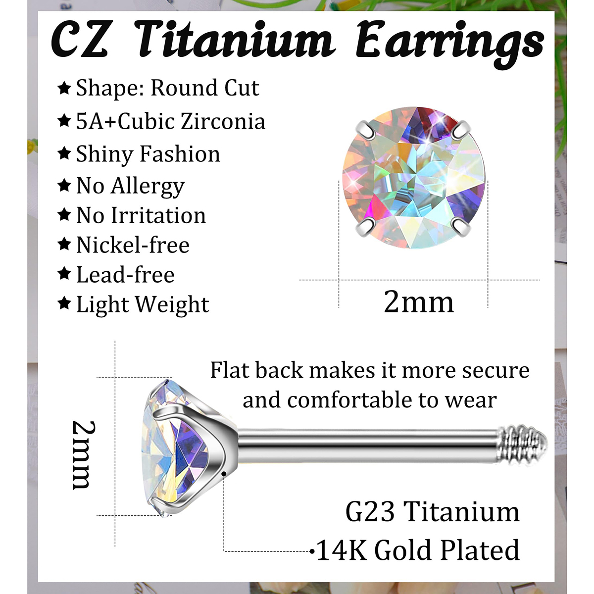 TUPMI G23 Titanium Earrings for Sensitive Skin Flatback 5A+AB Cubic Zirconia Stud Earrings 14K Gold Hypoallergenic Nap Earrings for Women 2-5mm cartil