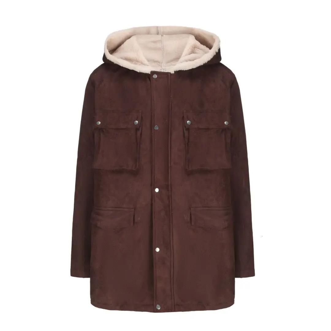 Winter mens fur integrated hooded thick warm artificial leather cotton casual windproof jacket 240930