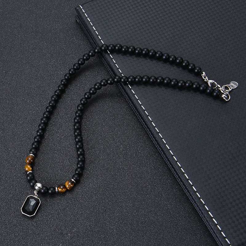 Black Matte Healing Stone Beads Necklace for Women Men Tigers Eye Beaded Necklace Retro black gemstone pendant hip-hop NecklaceX241009