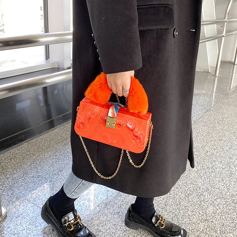 Artificial fur top handle acrylic party box clutch fashion wallet and handbag female er evening bag chain shoulder bag 241008