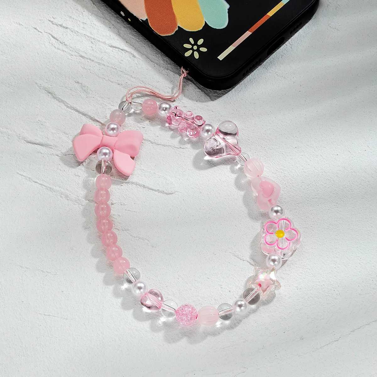 Sweet Girl Pink Love Bow Knot Handmade Beaded Mobile Phone Chain Womens Rope Chain Fashion Casual Durable Jewelry GiftX241010