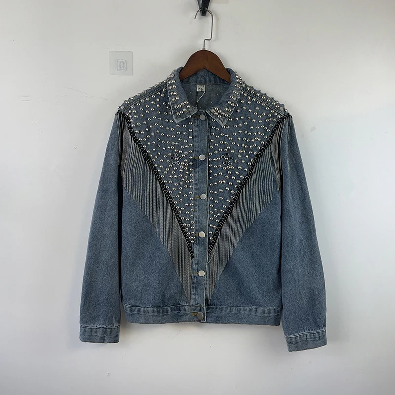 PFHQ Mens Denim Coat Short Heavy Industry Bead Tassel Korean Stage Performance Handsome Delicacy Jackets Spring 21Z3714 241010