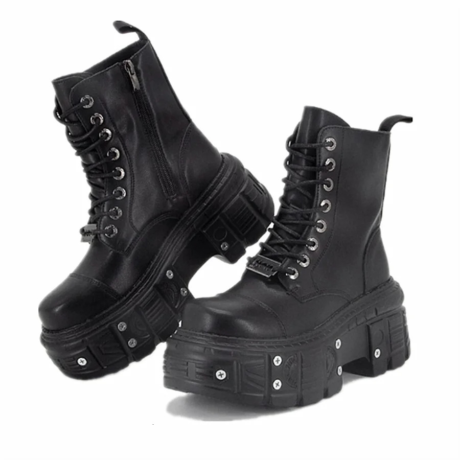 Punk style womens boots lace up high heels high platform shoes womens Gothic ankle rock boots metal decoration mens sports shoes 241007