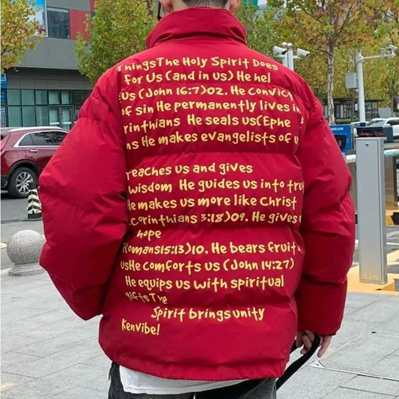 Men's Down Parkas American style retro letter printed Cropped thick standing collar cotton coat mens fashionable warm and cushioned jacket Y24100