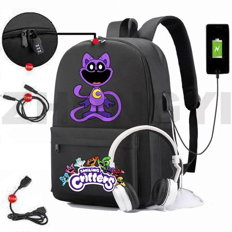 Anti-theft Smiling Critters Waterproof Backpack Men Travel Sport Bags Kids Cartoon Cute Schoolbags USB Charging Nylon Bookbag 241008