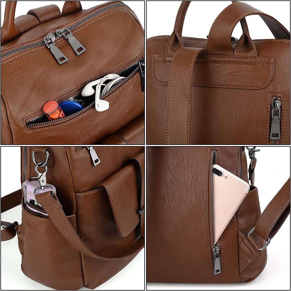 Women Backpack Purse Leather Vegan Convertible Ladies Rucack Front Belt Pocket Shoulder Bag Black