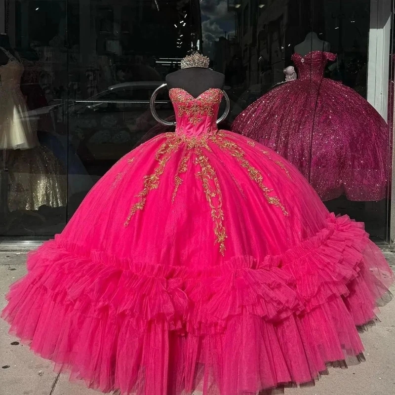 Rose Red Quinceanera Dresses For Sweet 16 Girls Ball Gown Appliques Lace Tiered Tull Birthday Party Dress Pageant Vestidos 15 De XV Anos