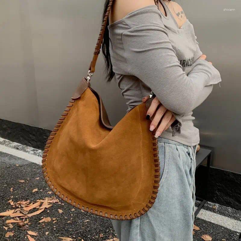 Drawstring Women's Retro Half Moon New Crossbody Bag Faux Suede Handbag High Quality Trend Woven Wide Strap Shoulder